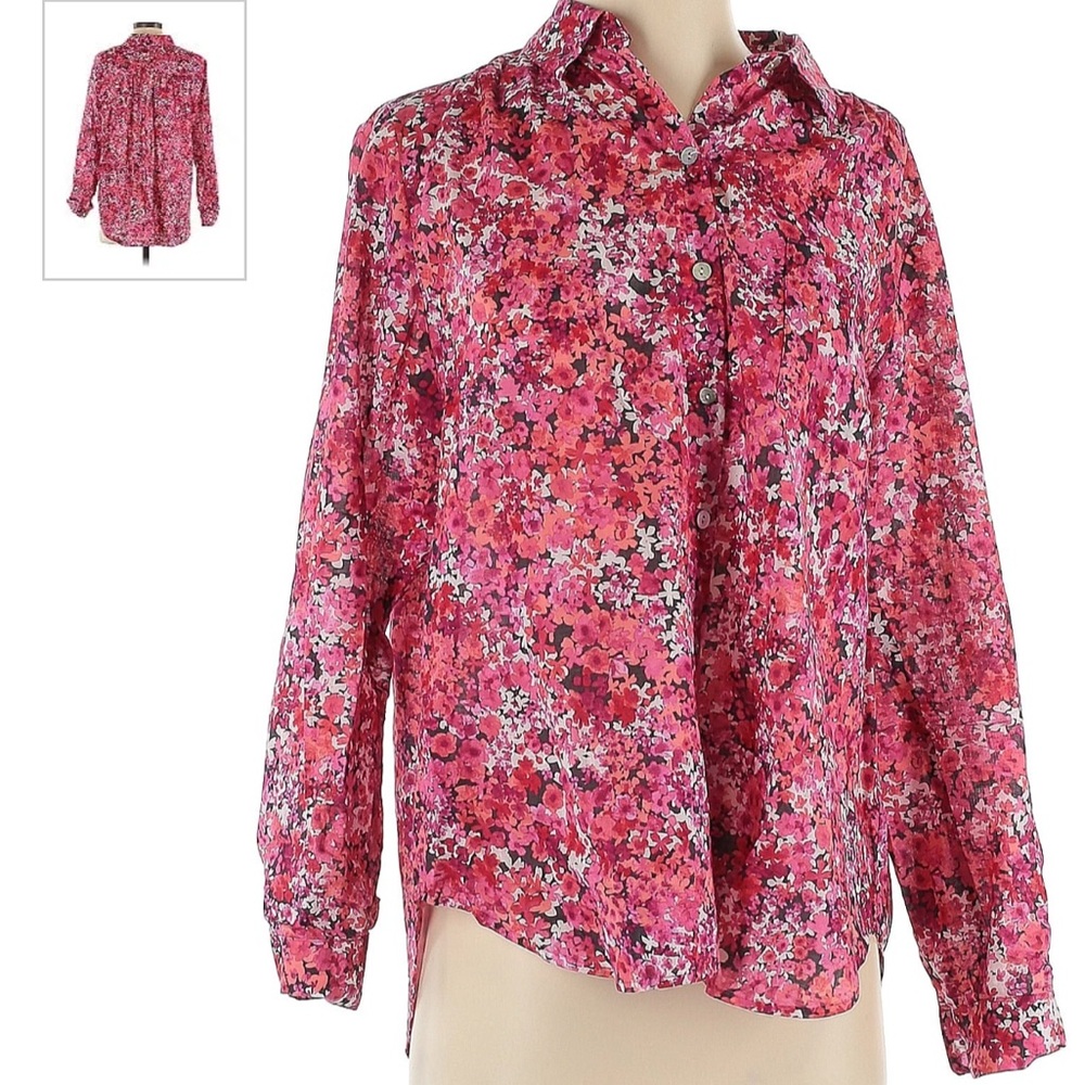 J Jill Button Front Long Sleeve Floral Shirt. Lightweight Cotton. Large Petite